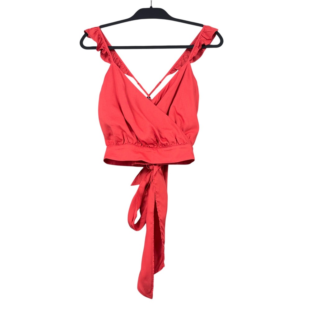 Express Womens Red Ruffle Strap Tie Back Smocked Crop Top Size Small